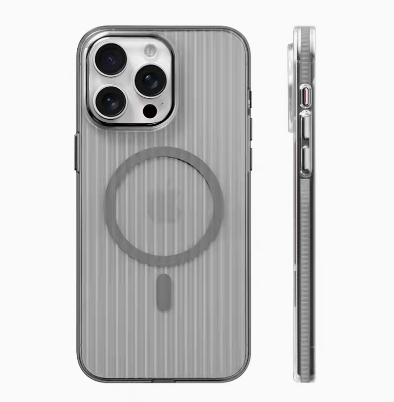 Gray ribbed magnetic phone case with gray MagSafe ring shown in front and side view with transparent frame and textured back panel