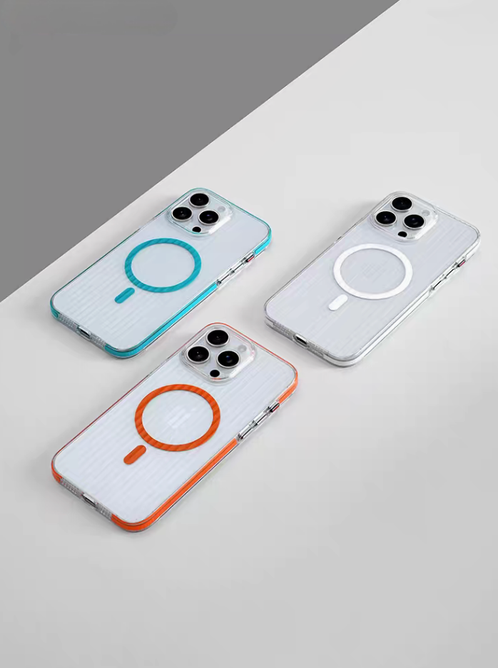 Ribbed magnetic phone cases in blue orange and clear white colors displayed diagonally showing MagSafe ring design and transparent edges