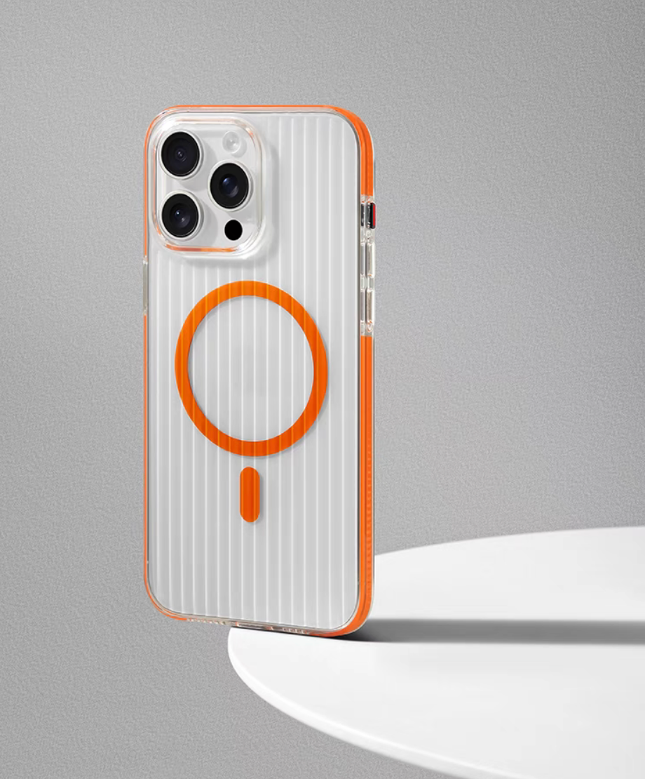Orange ribbed magnetic phone case standing on round platform highlighting matte texture anti-slip grip and slim protective design