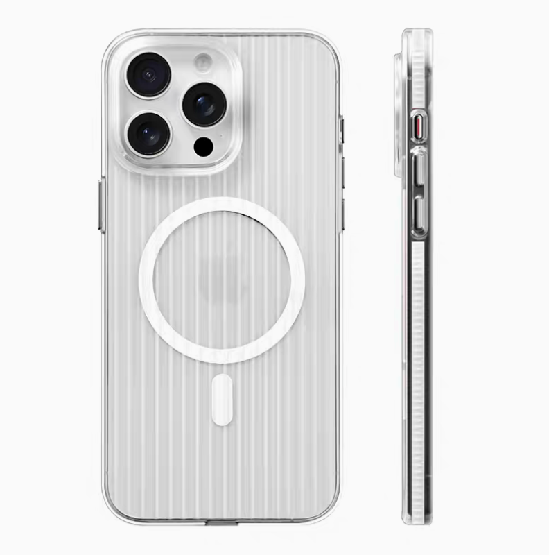 Clear white ribbed magnetic phone case with white MagSafe ring displayed in front and side view with slim transparent frame