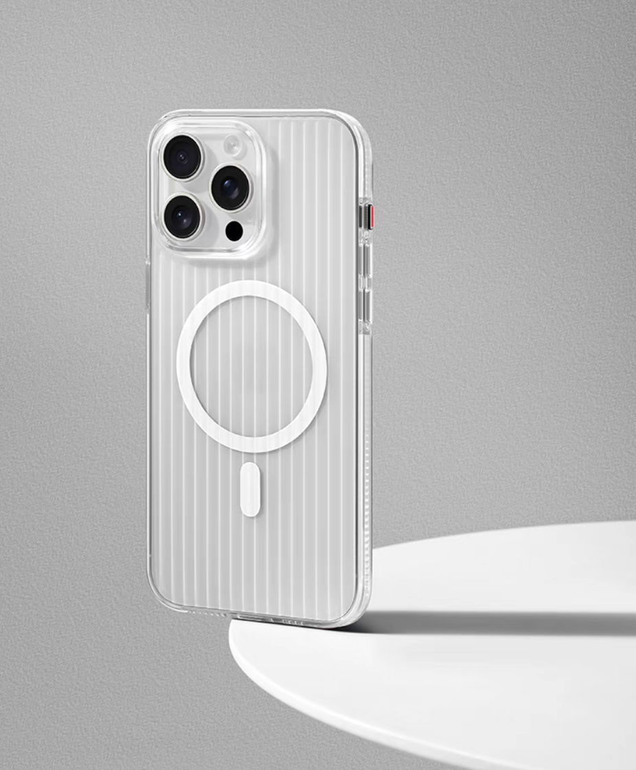 White ribbed magnetic phone case standing on round platform showing matte texture anti-slip grip and camera protection design