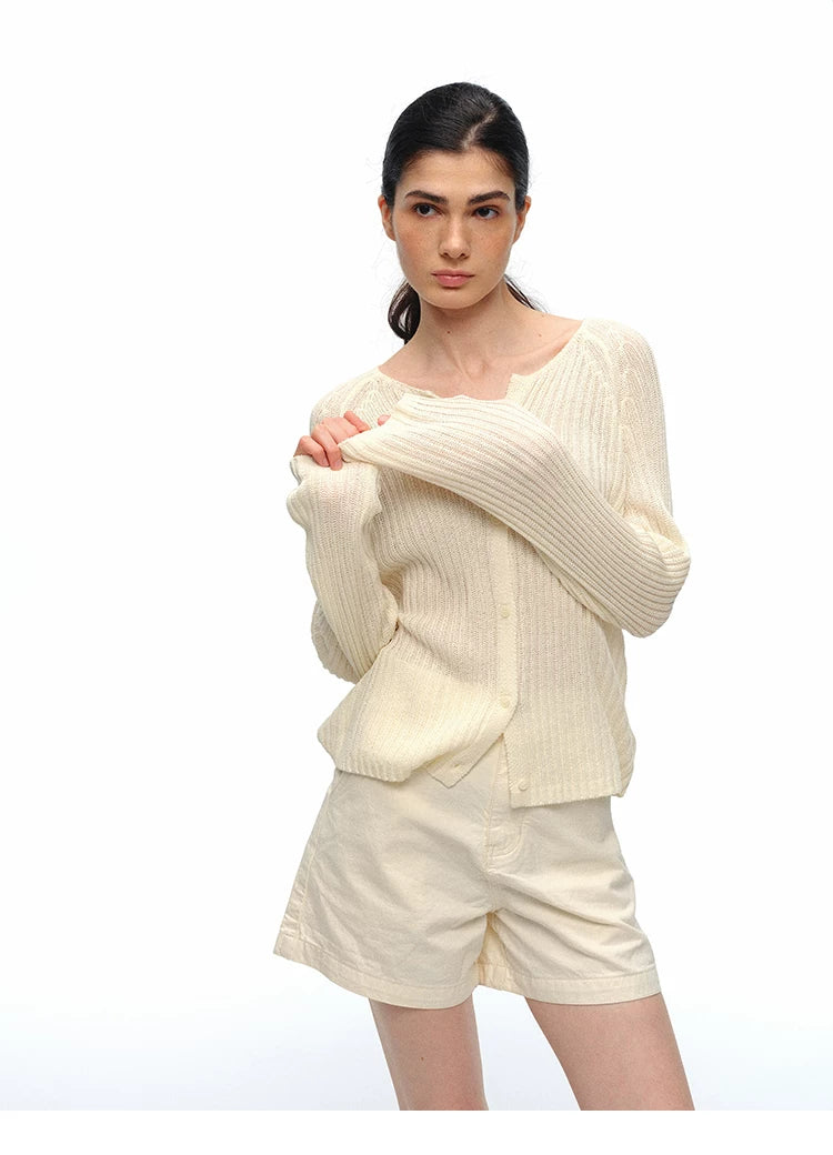 Ivory ribbed V-neck raglan cardigan, front view