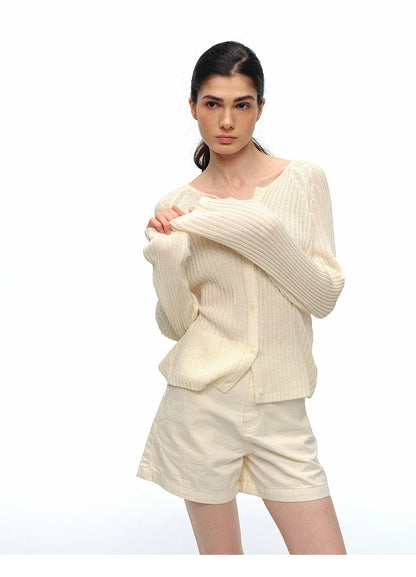 Ivory ribbed V-neck raglan cardigan, front view