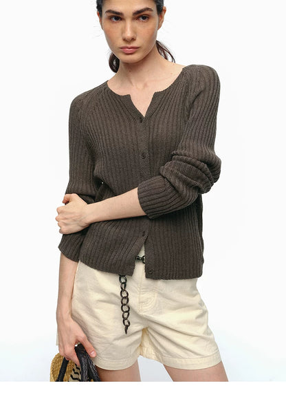 Close-up of olive brown ribbed V-neck raglan cardigan