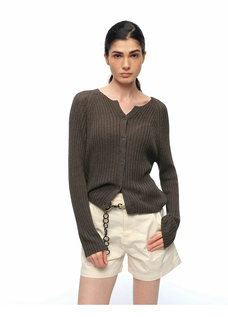 Olive brown ribbed V-neck raglan cardigan, front view