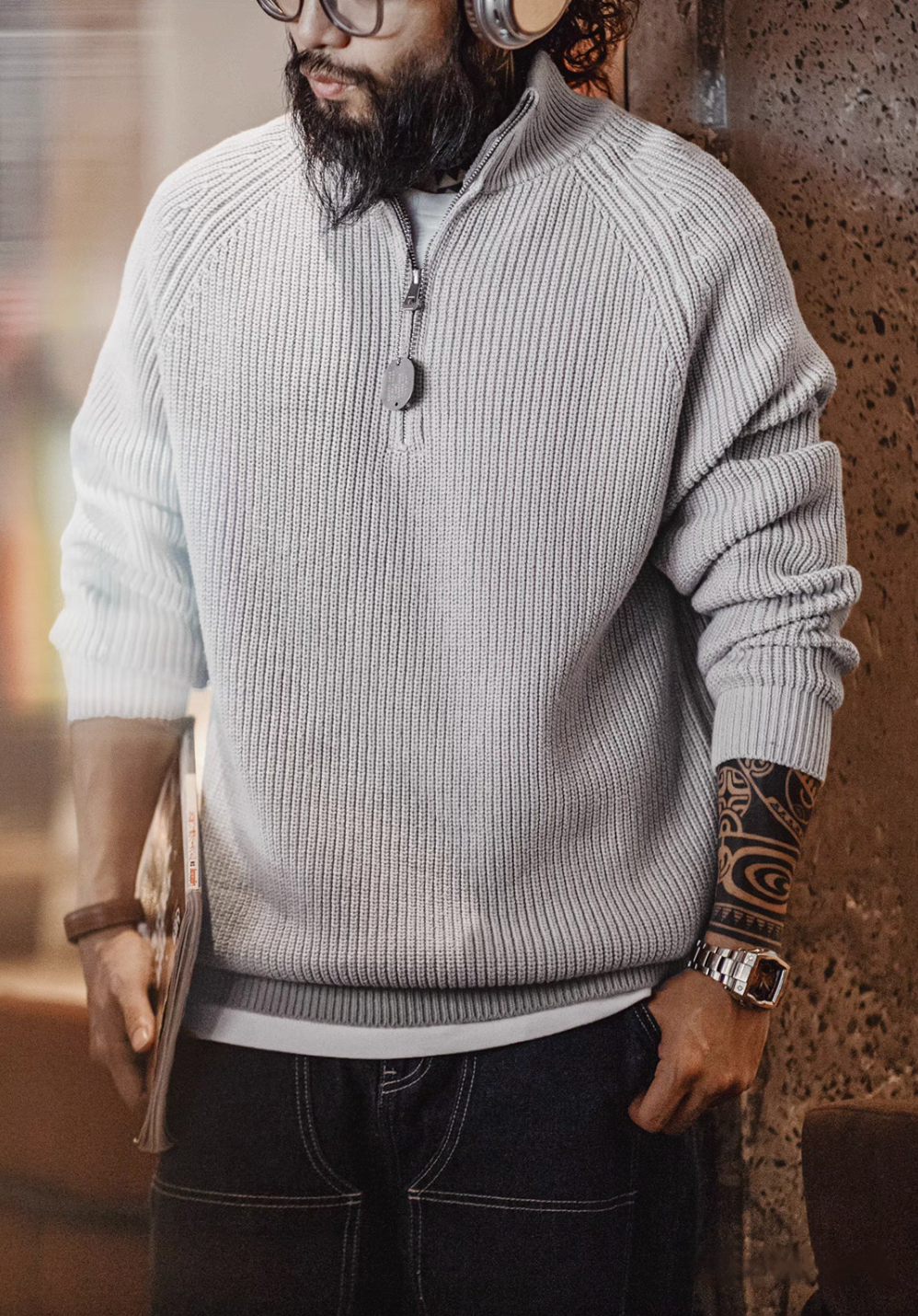Man wearing Ridge Half-Zip Pullover Sweater in Smoky Gray featuring ribbed knit texture half-zip collar and straight relaxed fit styling
