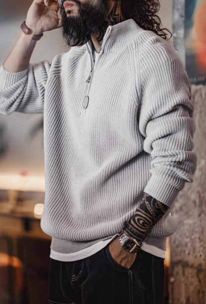 Side view of Ridge Half-Zip Pullover Sweater in Smoky Gray highlighting ribbed cuffs hem and relaxed straight fit for everyday wear