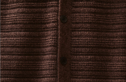 Brown ripple knit cardigan button placket close-up with textured knit pattern