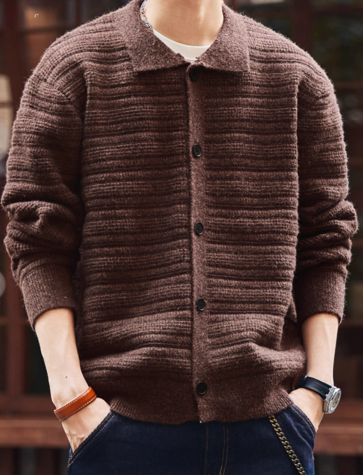 Men’s brown ripple textured knit cardigan front view with shirt collar