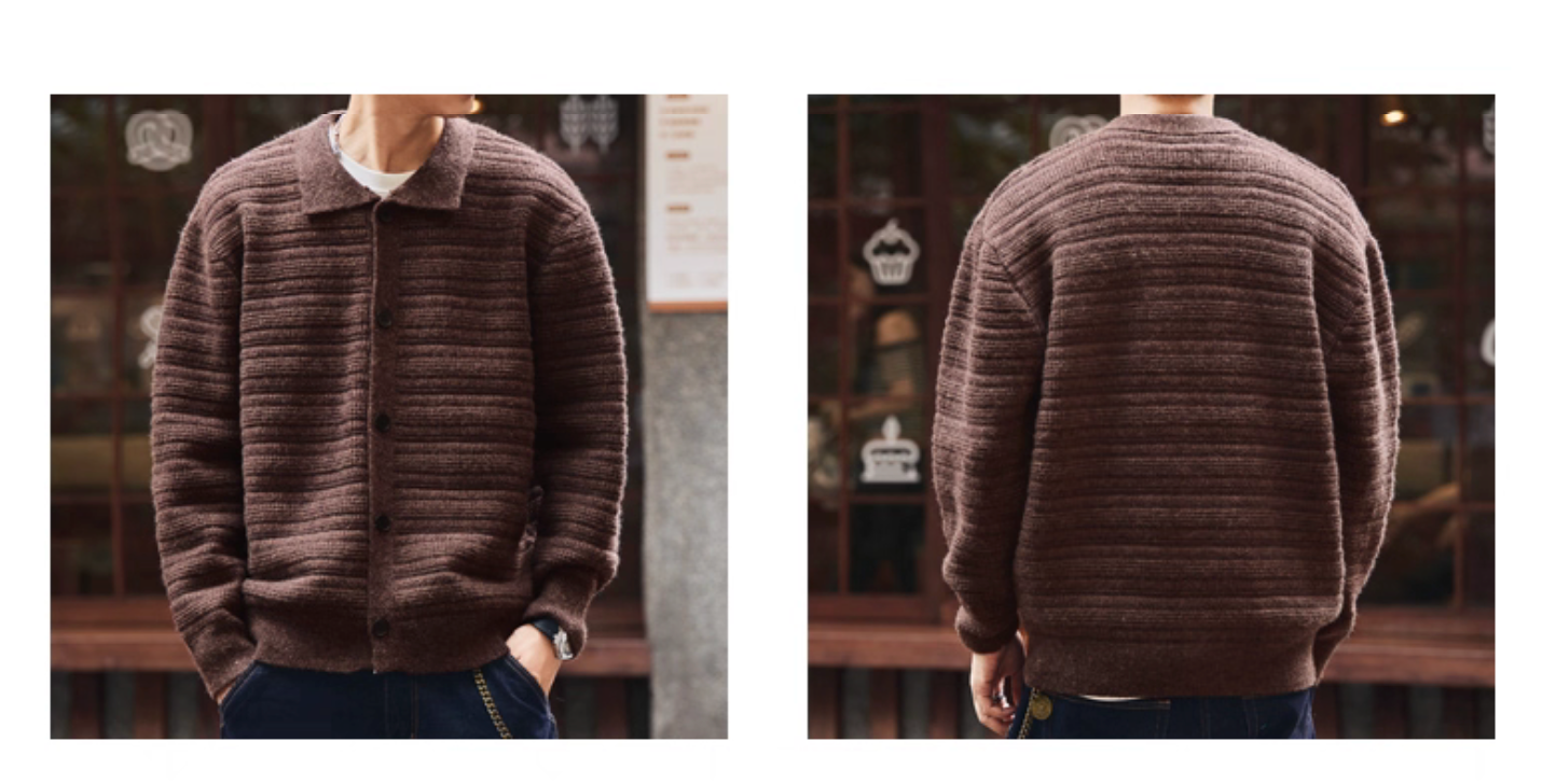 Men’s cardigan front and back comparison in brown ripple textured knit
