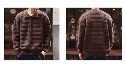 Men’s cardigan front and back comparison in brown ripple textured knit