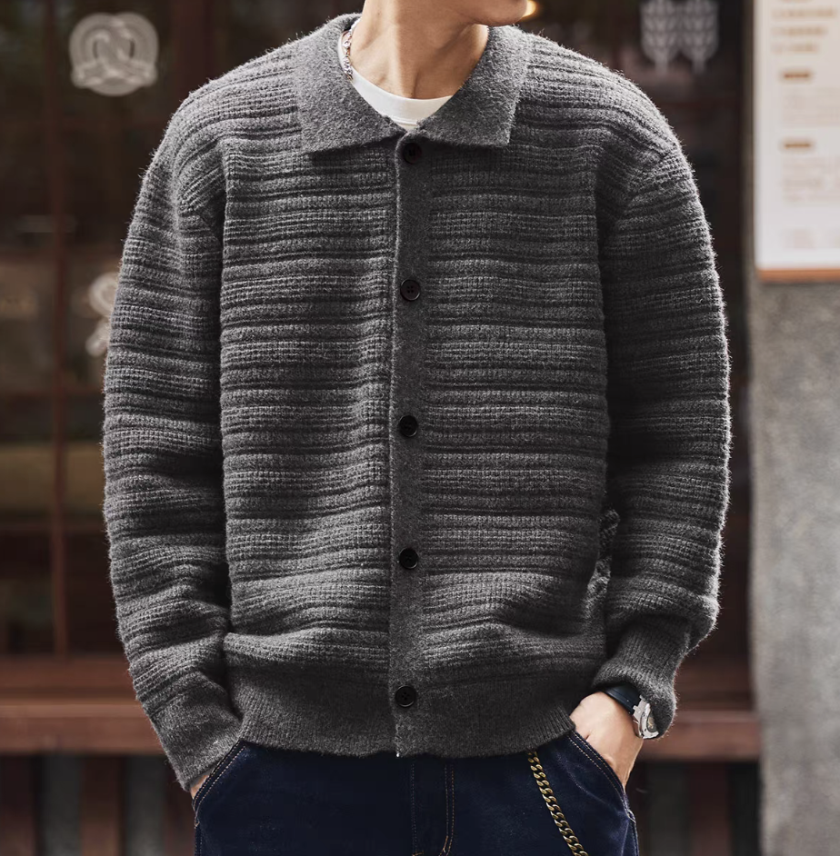 Men’s grey ripple textured cardigan front view with button front and shirt collar