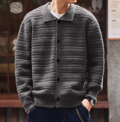 Men’s grey ripple textured cardigan front view with button front and shirt collar