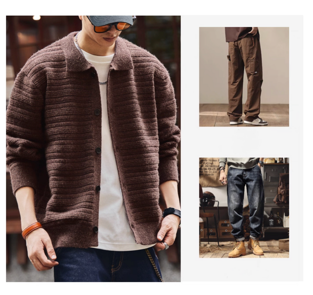 Brown ripple knit cardigan styled with casual pants and denim outfit ideas