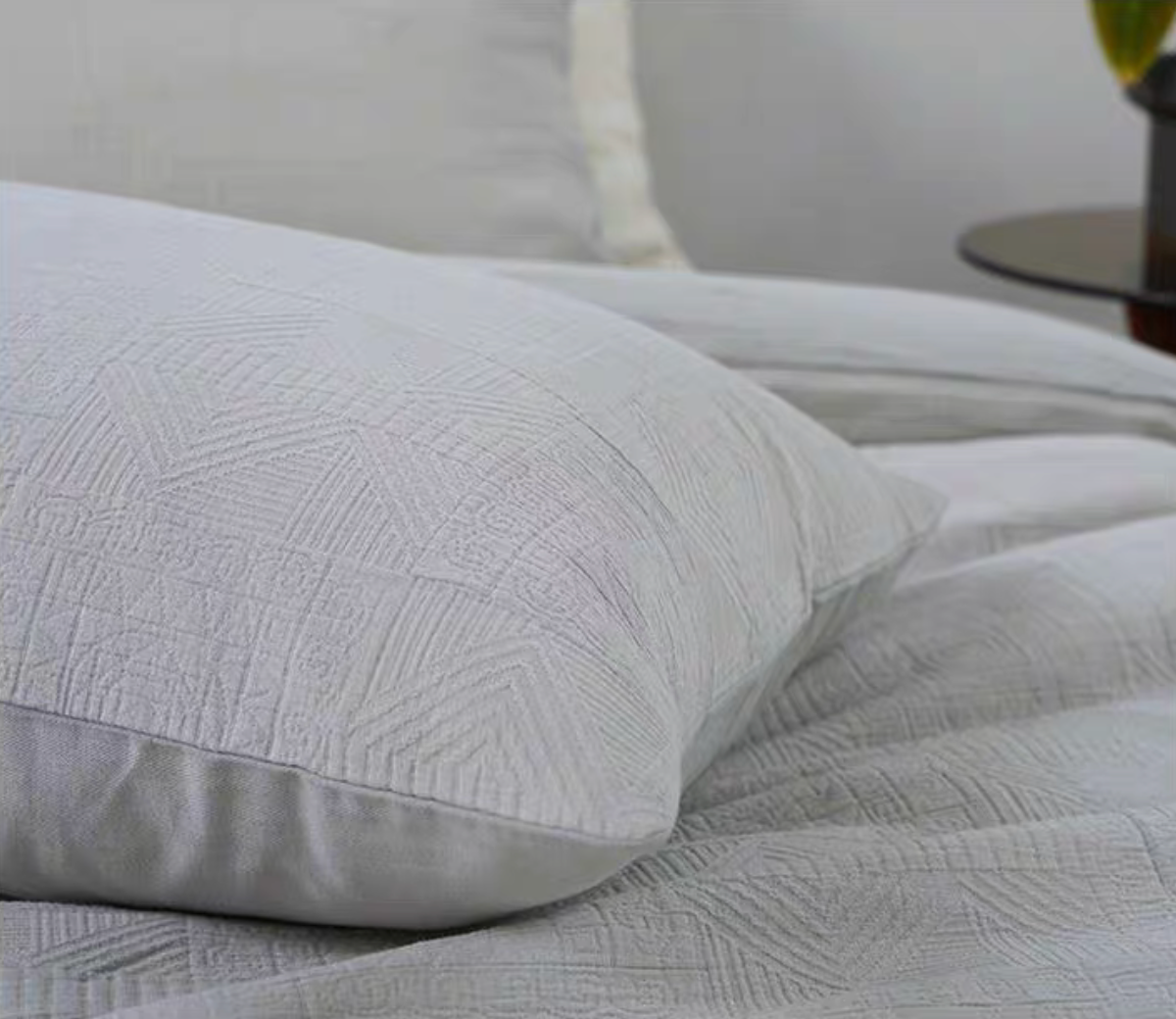 Rock Point Wheat Ear Blue Gray cotton comforter set styled on bed with natural textured cotton bedding
