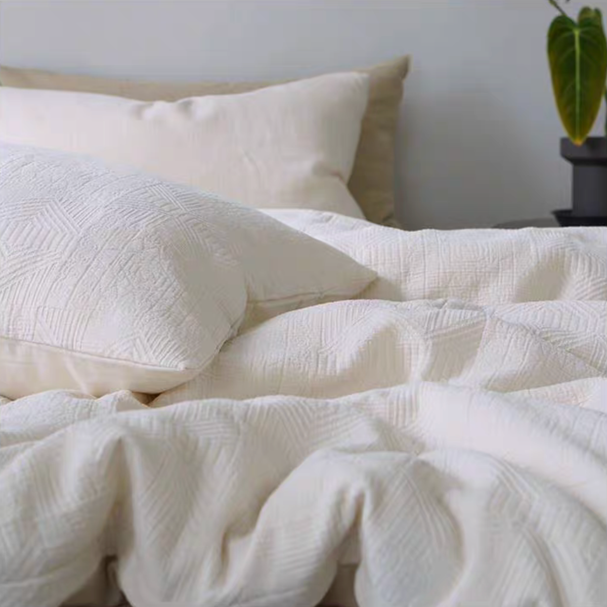 Rock Point Plaid Blue Gray cotton comforter and sheet set styled on modern bedroom bed