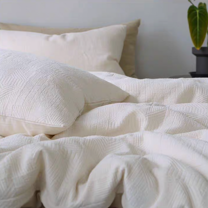 Rock Point Plaid Blue Gray cotton comforter and sheet set styled on modern bedroom bed