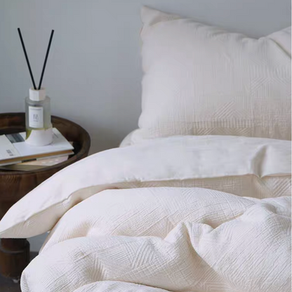 Rock Point Plaid Cream cotton comforter, sheet and shams set styled on bed with soft breathable cotton bedding