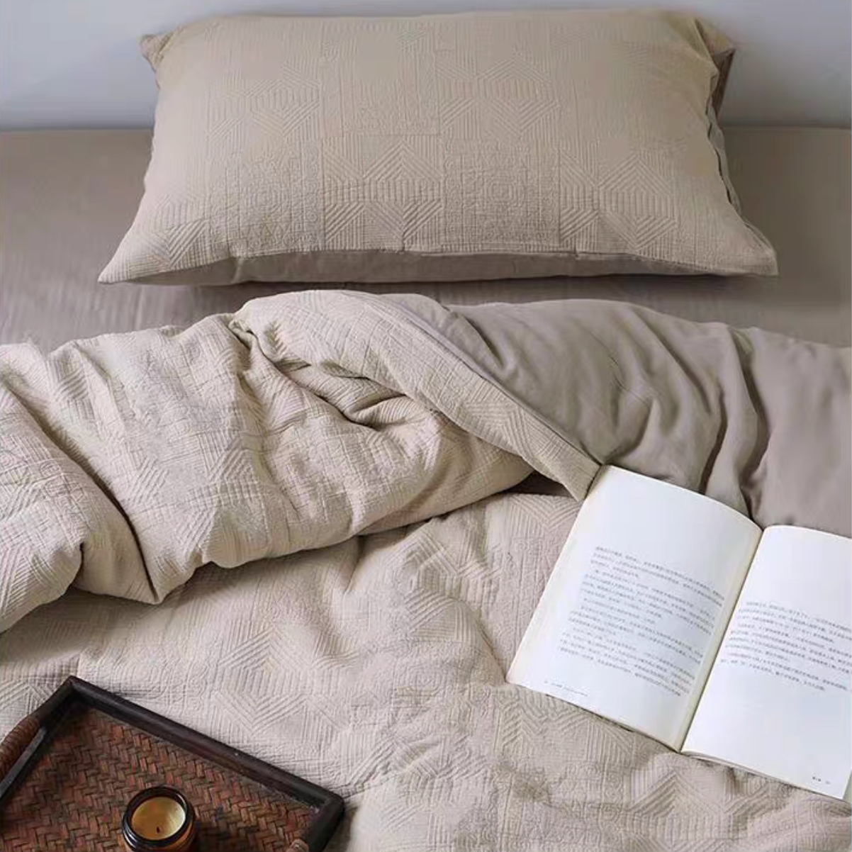 Rock Point Wheat Ear Cream cotton comforter, sheet and shams set styled on bright modern bedroom bed