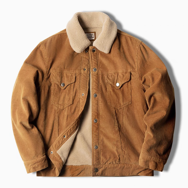 Rust Corduroy Trucker Jacket with Sherpa Collar in Ginger Yellow flat lay front view showing sherpa collar and button front closure