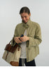 Close-up of a sage green field jacket showing the stand collar snap tab and snap cuffs