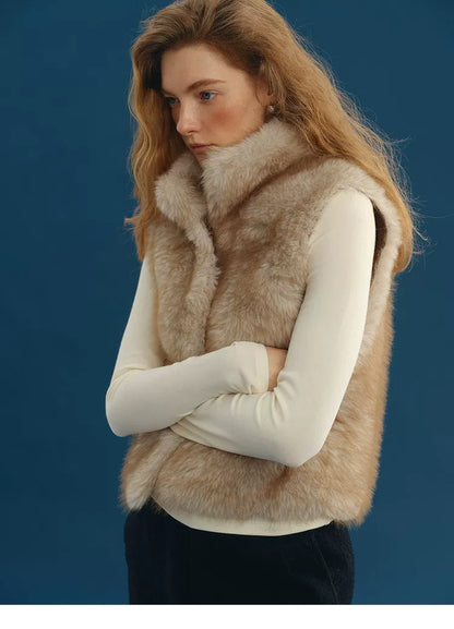 Side view of a Sand plush faux fur vest showing the straight cropped cut