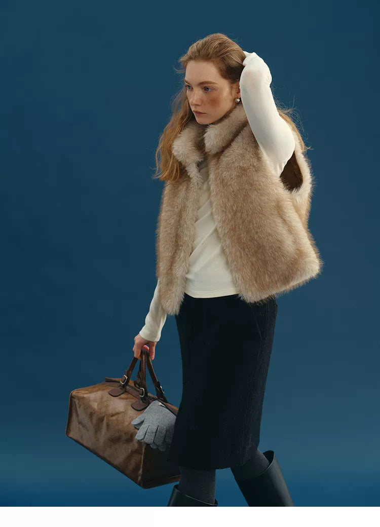 Sand faux fur vest in motion, showing the open front and stand collar