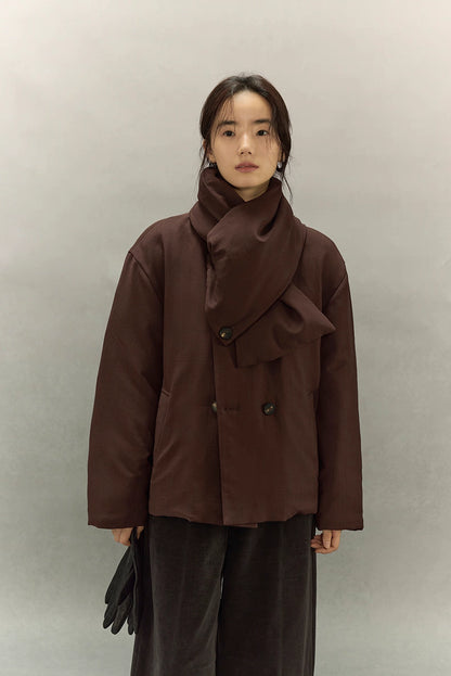 Dark coffee brown scarf puffer jacket front view with scarf wrapped around neck