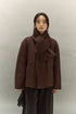 Dark coffee brown scarf puffer jacket front view with scarf wrapped around neck
