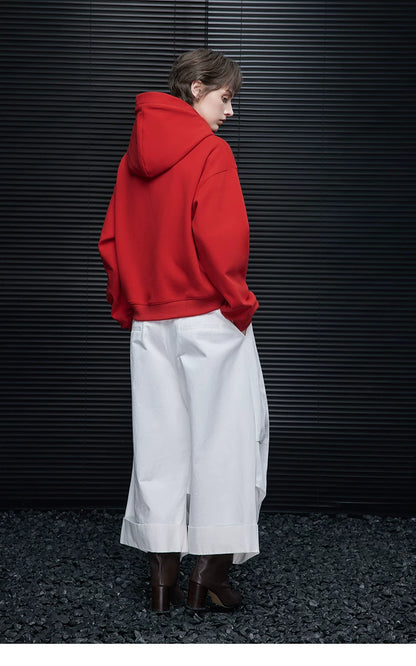 Back view of Scarlet Red hooded sweatshirt showing the hood, dropped shoulders and ribbed hem