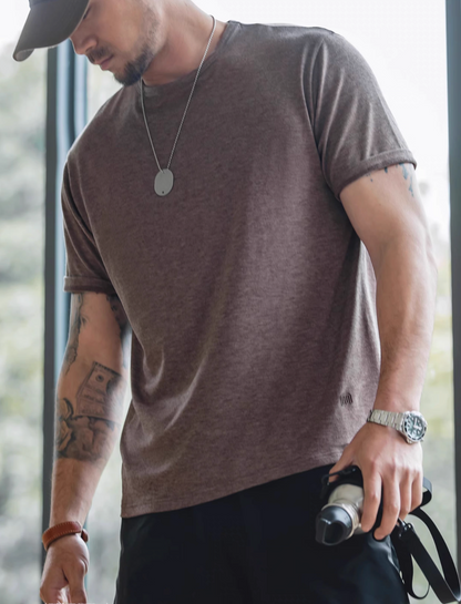 Seamless Breathable Lightweight Tee Coffee worn lifestyle view showing casual styling and soft stretch fabric