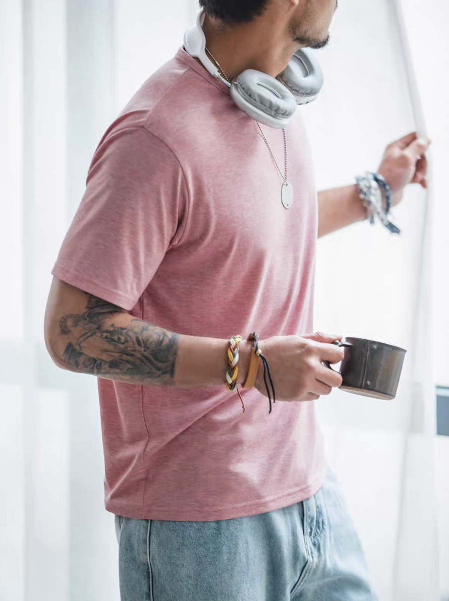 Seamless Breathable Lightweight Tee Dusty Pink worn lifestyle view showing breathable fit and casual everyday style