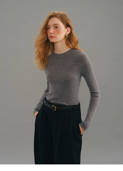 Heather grey seamless wool sweater, side view