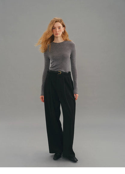Heather grey seamless wool sweater, full body front view