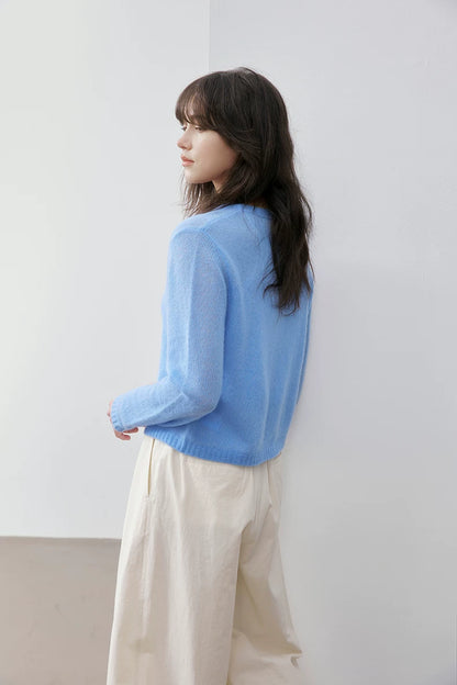 Sky Blue cashmere silk cardigan, back view on model