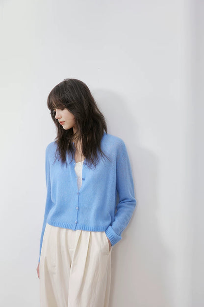 Sky Blue cashmere silk cardigan, front view on model