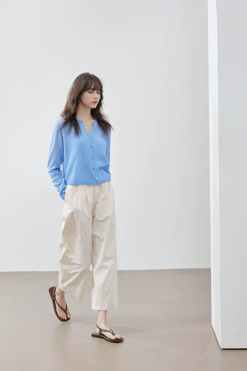 Sky Blue cashmere silk cardigan, full-length side view
