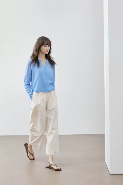 Sky Blue cashmere silk cardigan, full-length side view