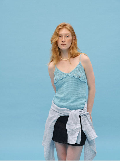Waist-up view of Sky Blue eyelet knit camisole with scalloped crochet edging