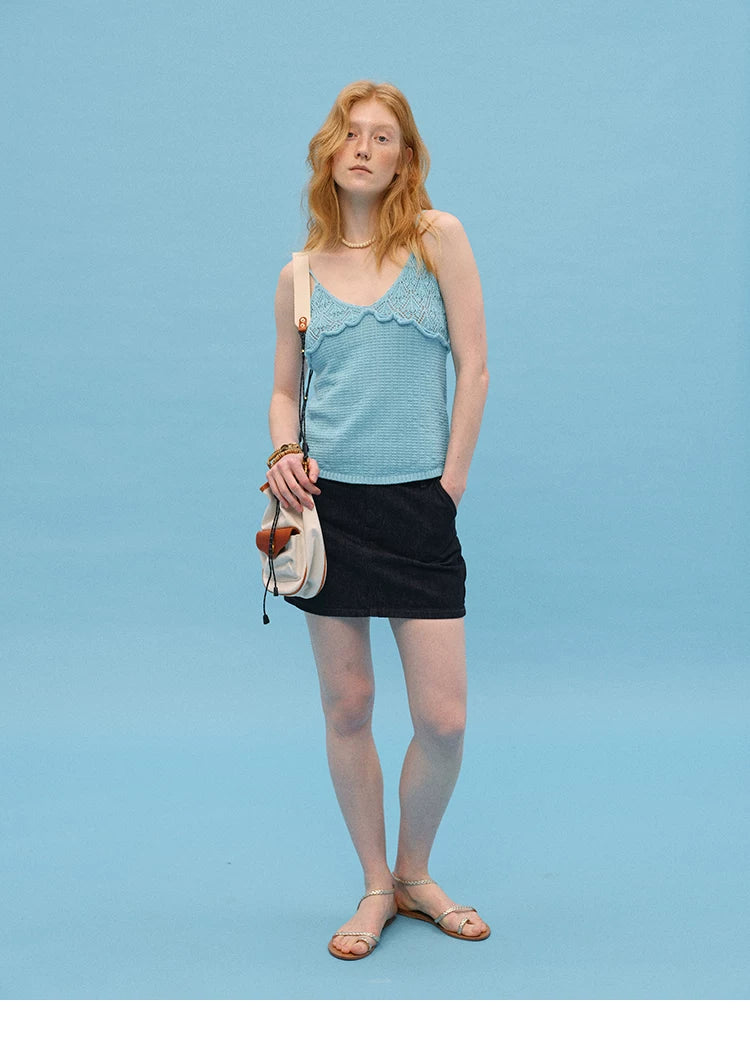 Full-length front view of Sky Blue pointelle cotton knit cami with spaghetti straps