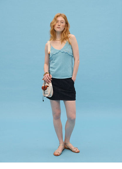 Full-length front view of Sky Blue pointelle cotton knit cami with spaghetti straps