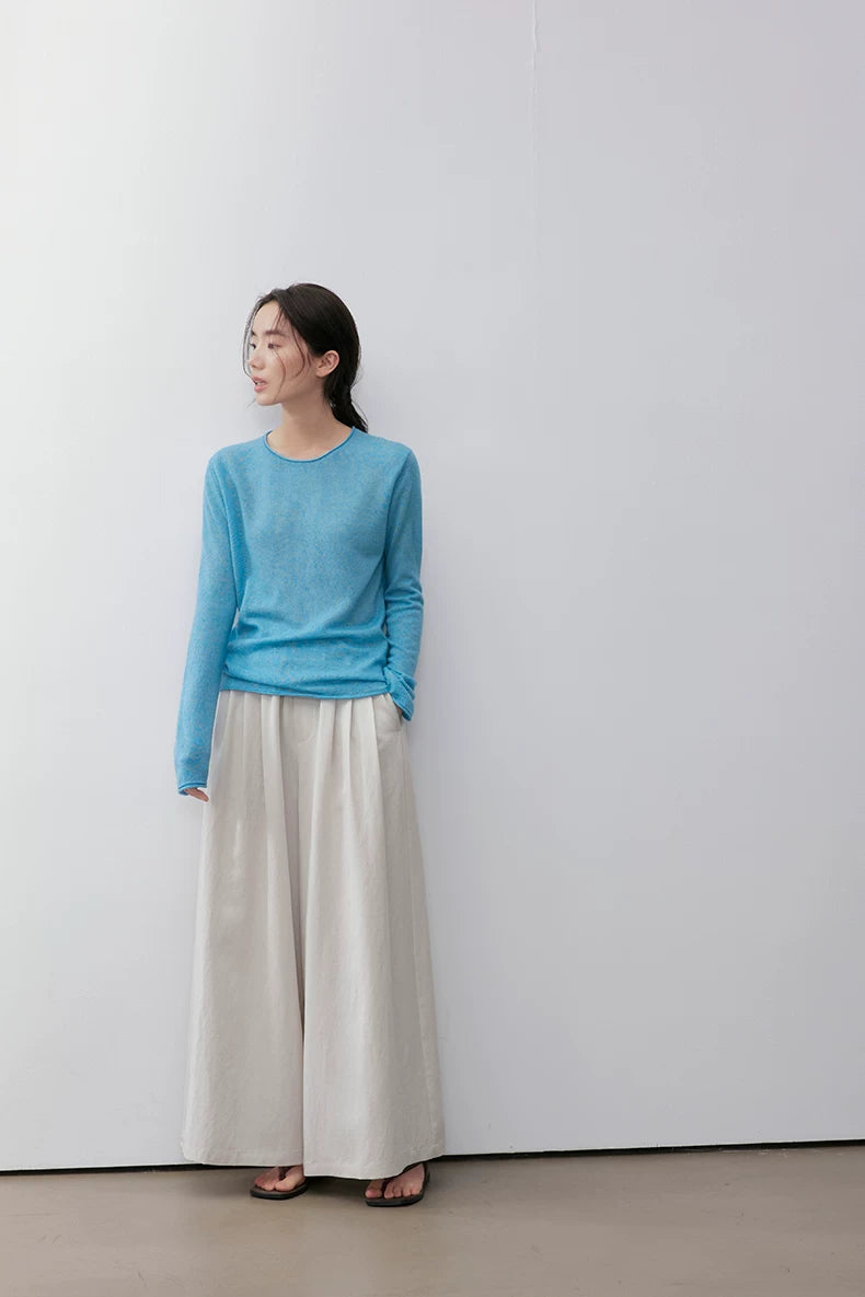 Sky Blue wool camel-blend pullover, full-length front view