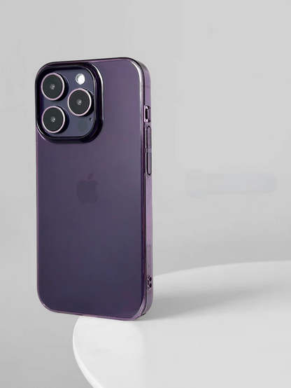Clear purple transparent phone case on iPhone standing upright with subtle purple tint finish