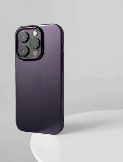 Matte purple phone case on iPhone standing upright with soft gradient purple finish