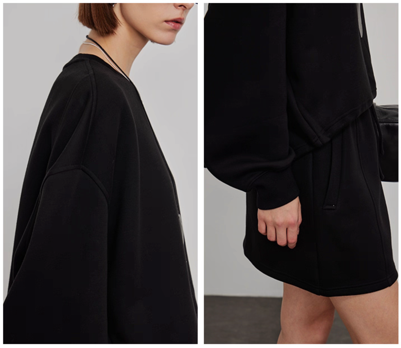 Detail shot of sleeve cuff and drawstring waistband on black mini skirt lounge set
