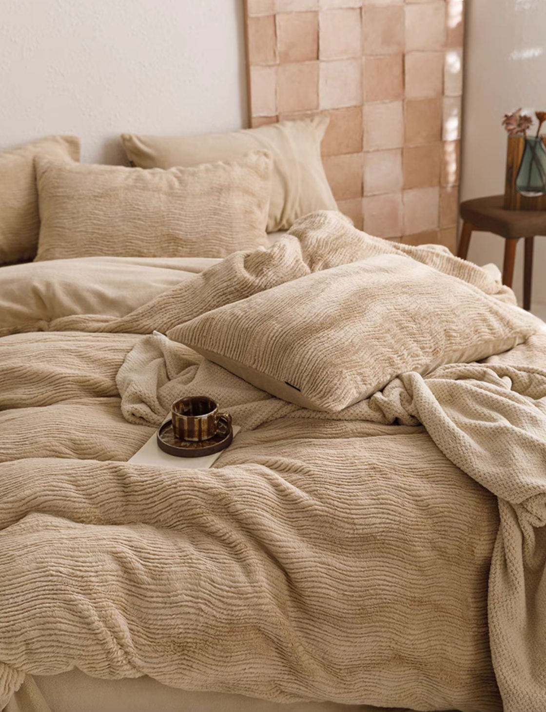 SnowRabbit plush fur duvet cover sheet and sham set in coffee color styled with layered pillows and textured bedding in bedroom