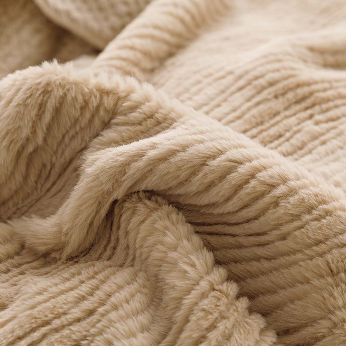 Close-up of SnowRabbit plush fur duvet cover in coffee color showing ultra soft snow rabbit fur texture and plush fibers