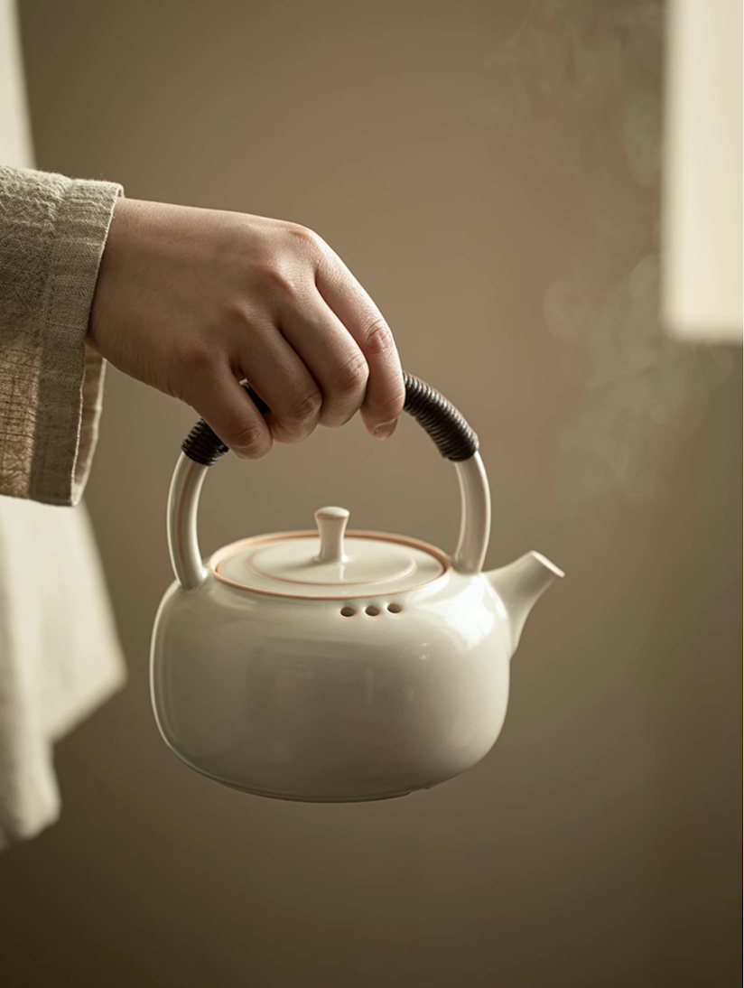 Soda Glaze Ceramic Teapot in off-white color held by handle showing rounded body, short spout, and wrapped handle detail