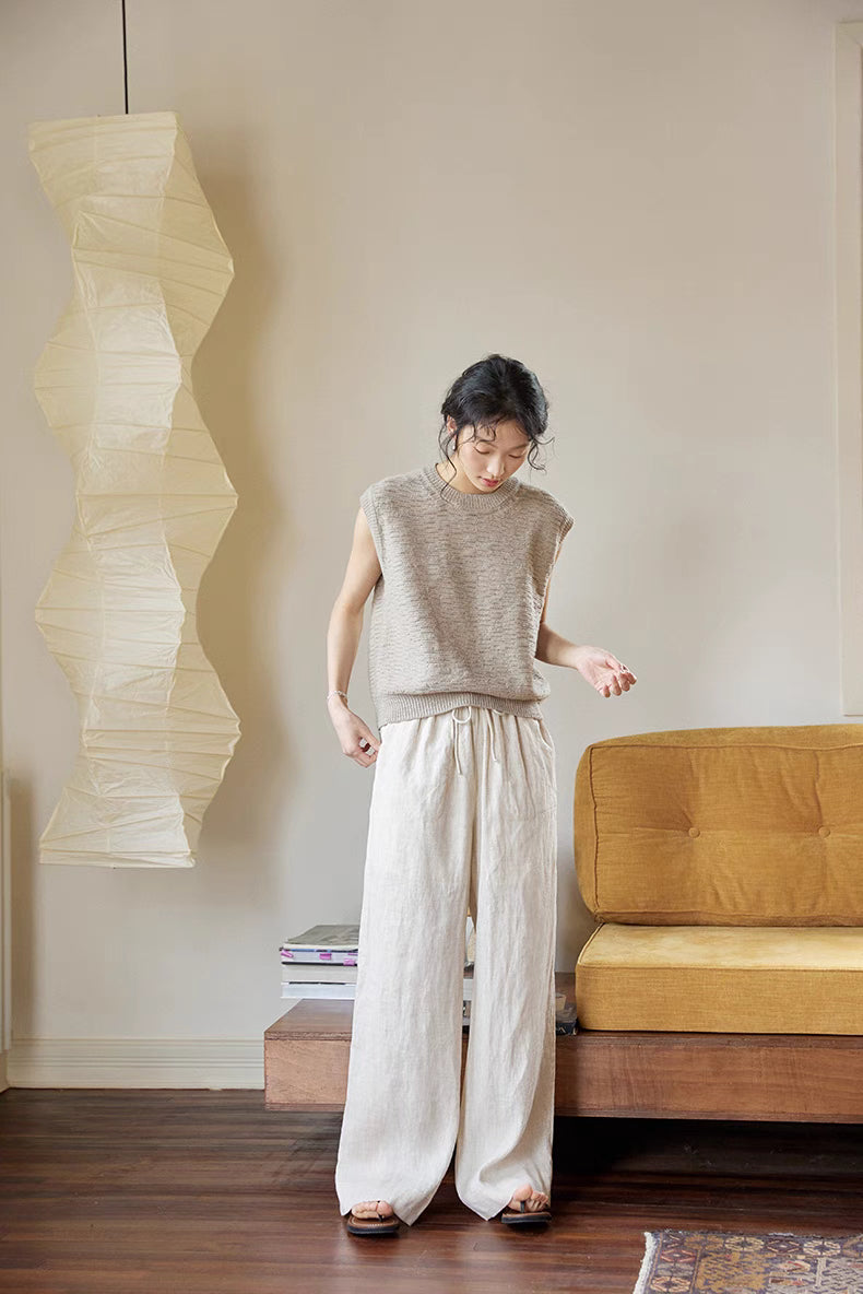 Full-body look of Cream Gray sleeveless vest styled with light wide-leg pants, highlighting relaxed silhouette and breathable summer outfit