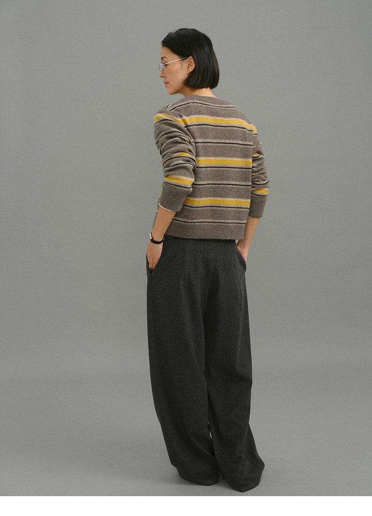 Back view of the taupe-yellow striped wool-blend cardigan, showing relaxed fit and full stripe pattern.